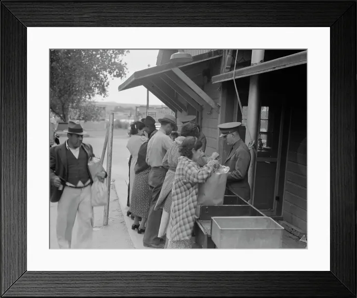 Framed Print : Plant quarantine inspectors examining packages brought over the bridge... Texas, 1937. Creator: Dorothea Lange Framed Print : Plant quarantine inspectors examining packages brought over the bridge... Texas, 1937. Creator: Dorothea Lange