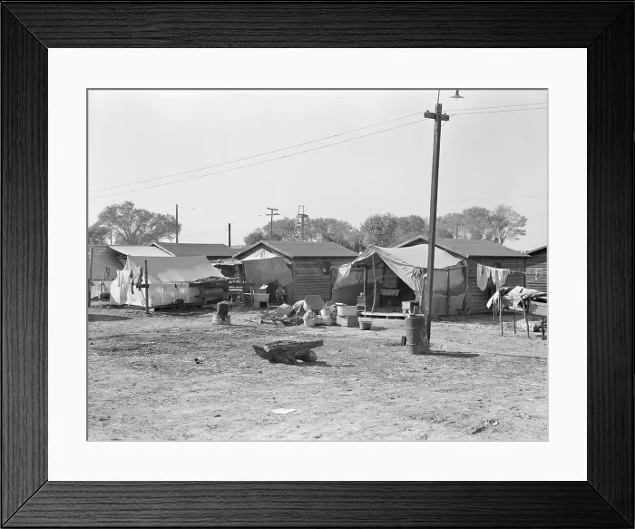 Framed Print : Housing for migratory cotton workers five miles north of Corcoran, California, 1936. Creator: Dorothea Lange Framed Print : Housing for migratory cotton workers five miles north of Corcoran, California, 1936. Creator: Dorothea Lange