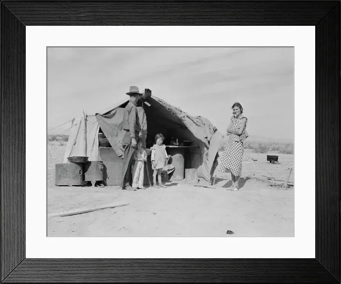 Framed Print : Family of four to be returned to Oklahoma by the Relief Administration, Holtville, California, 1937. Creator: Dorothea Lange Framed Print : Family of four to be returned to Oklahoma by the Relief Administration, Holtville, California, 1937. Creator: Dorothea Lange