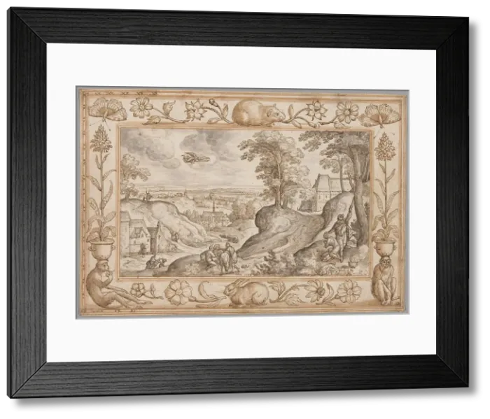 Framed Print : Landscape with the Sacrifice of Isaac within a Decorative Border of Plants and Animals, 1584. Creator: Hans Bol Framed Print : Landscape with the Sacrifice of Isaac within a Decorative Border of Plants and Animals, 1584. Creator: Hans Bol