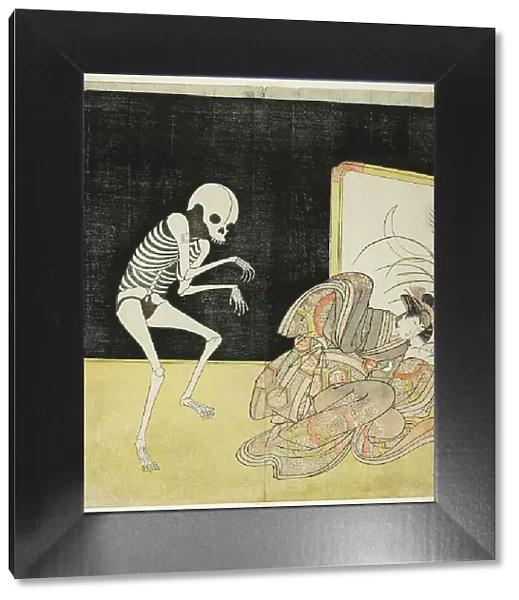The actors Ichikawa Danjuro V as a skeleton, spirit of the renegade monk Seigen (left), an... 1783. Creator: Shunsho