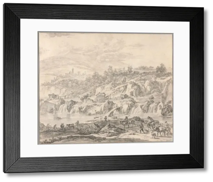 Framed Print : Landscape with Waterfalls and Bridges, Peasants in the Foreground, c.1670. Creator: Nicolaes Berchem Framed Print : Landscape with Waterfalls and Bridges, Peasants in the Foreground, c.1670. Creator: Nicolaes Berchem