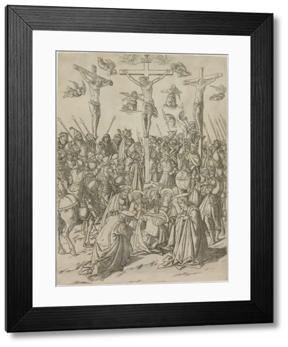 Framed Print : The Crucifixion with the Two Thieves, plate ten from the Life of the Virgin and Christ, c.1470. Creator: Francesco Rosselli Framed Print : The Crucifixion with the Two Thieves, plate ten from the Life of the Virgin and Christ, c.1470. Creator: Francesco Rosselli
