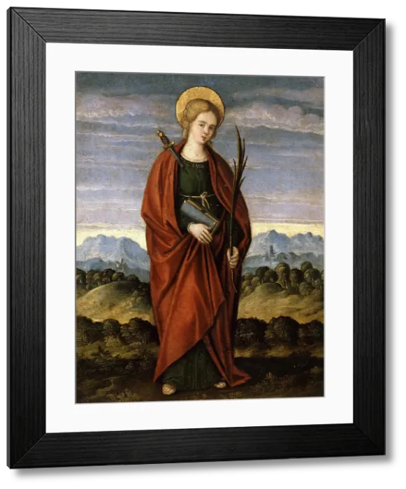 Framed Print : Saint Justina of Padua, c. 1520. Creator: Santacroce, Gerolamo Galizzi da (c. 1480 / 85-c. 1556) Framed Print : Saint Justina of Padua, c. 1520. Creator: Santacroce, Gerolamo Galizzi da (c. 1480 / 85-c. 1556)