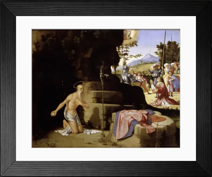 Framed Print : The penitent Saint Jerome in the desert and The Stoning of Saint Stephen, ca 1526. Creator: Previtali, Andrea (ca 1480-1528) Framed Print : The penitent Saint Jerome in the desert and The Stoning of Saint Stephen, ca 1526. Creator: Previtali, Andrea (ca 1480-1528)