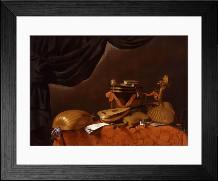 Framed Print : Musical instruments and green marquee, c. 1670. Creator: Baschenis, Evaristo (1617-1677) Framed Print : Musical instruments and green marquee, c. 1670. Creator: Baschenis, Evaristo (1617-1677)
