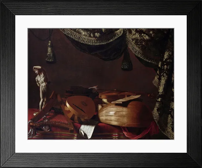 Framed Print : Musical instruments and statuette, c. 1660. Creator: Baschenis, Evaristo (1617-1677) Framed Print : Musical instruments and statuette, c. 1660. Creator: Baschenis, Evaristo (1617-1677)