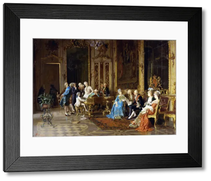 Framed Print : Mozart plays the harpsichord for King George III, ca 1891. Creator: Mantegazza, Giacomo (1853-1920) Framed Print : Mozart plays the harpsichord for King George III, ca 1891. Creator: Mantegazza, Giacomo (1853-1920)