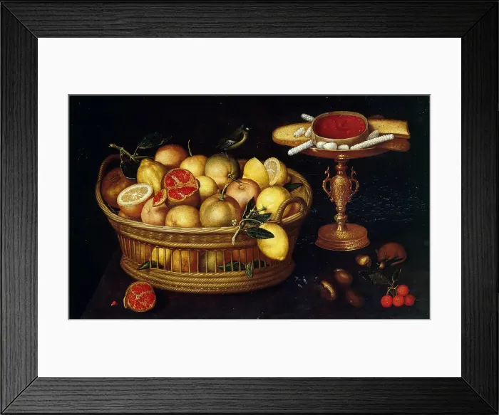 Framed Print : Basket of citrus fruits and étagère with sweets, 1620-1622. Creator: Godin (Codino), Franz (Francesco) (c. 1590-after 1621) Framed Print : Basket of citrus fruits and étagère with sweets, 1620-1622. Creator: Godin (Codino), Franz (Francesco) (c. 1590-after 1621)