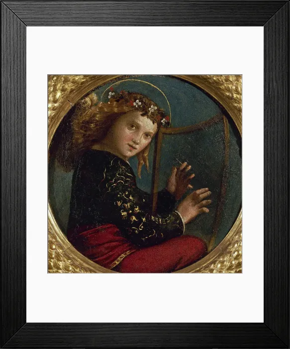 Framed Print : Musician angel with harp, ca 1530. Creator: Dossi, Dosso (ca. 1486-1542)