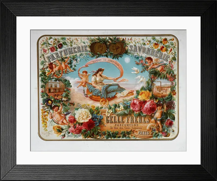 Framed Print : Parfumerie Savonnerie. Marque de Fabrique. Gellé Frères. Parfumeurs, ca 1867. Creator: Poquet, L. (active ca 1870) Framed Print : Parfumerie Savonnerie. Marque de Fabrique. Gellé Frères. Parfumeurs, ca 1867. Creator: Poquet, L. (active ca 1870)