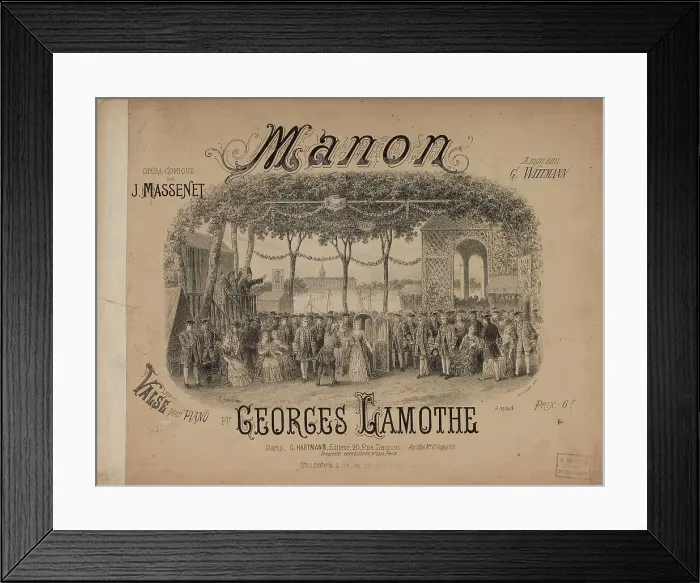 Framed Print : Cover of the score of the opera Manon by J. Massenet, ca 1884. Creator: Gaildrau, Jules (1816-1898) Framed Print : Cover of the score of the opera Manon by J. Massenet, ca 1884. Creator: Gaildrau, Jules (1816-1898)