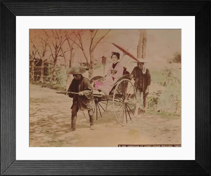 Framed Print : Japanese woman on a rickshaw at Avenue Mukojima, Tokyo, c. 1890. Creator: Kimbei, Kusakabe (1841-1932) Framed Print : Japanese woman on a rickshaw at Avenue Mukojima, Tokyo, c. 1890. Creator: Kimbei, Kusakabe (1841-1932)