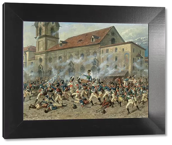 Colonel Karl Freiherr von Ditfurth (1774-1809) fighting the Tyroleans in front of... April 12, 1809 Creator: Braun, Louis (1836-1916)