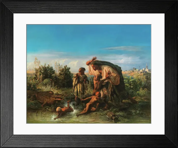 Framed Print : Scene on the Nile: a Family is Attacked by a Crocodile. Creator: Biard, François-August (1798-1882) Framed Print : Scene on the Nile: a Family is Attacked by a Crocodile. Creator: Biard, François-August (1798-1882)