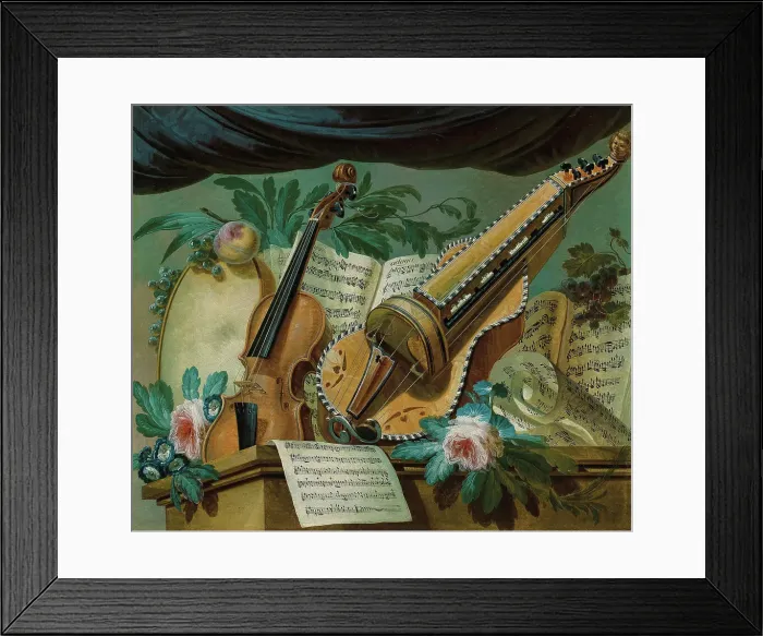 Framed Print : Allegory of music with a violin, a hurdy-gurdy, a framedrum, sheets of music, flowers and fruit... Creator: Jager, Gerke Jans de (ca 1748-1822) Framed Print : Allegory of music with a violin, a hurdy-gurdy, a framedrum, sheets of music, flowers and fruit... Creator: Jager, Gerke Jans de (ca 1748-1822)
