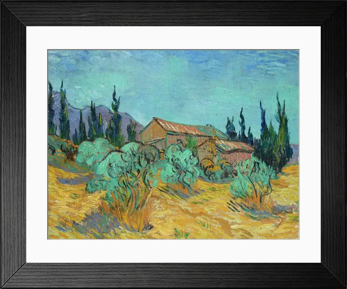 Framed Print : Cabanes de bois parmi les oliviers et cyprès (Wooden Cabins among the Olive Trees...), 1889. Creator: Gogh, Vincent, van (1853-1890) Framed Print : Cabanes de bois parmi les oliviers et cyprès (Wooden Cabins among the Olive Trees...), 1889. Creator: Gogh, Vincent, van (1853-1890)