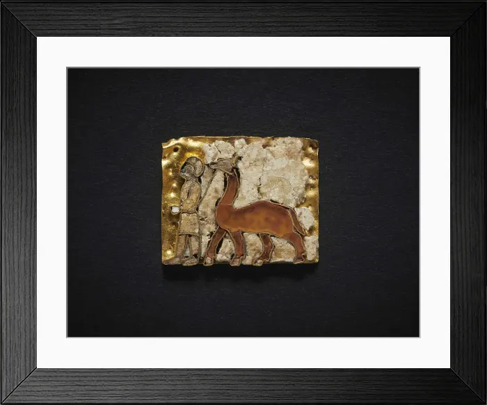 Framed Print : Votive plaque in cloisonné with man leading a camel. From the Oxus Temple... 6th-5th cent. BC. Creator: Central Asian Art Framed Print : Votive plaque in cloisonné with man leading a camel. From the Oxus Temple... 6th-5th cent. BC. Creator: Central Asian Art