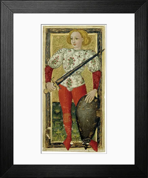 Framed Print : Page of Swords. Charles VI Tarot, ca 1460. Creator: Apollonio di Giovanni di Tommaso (ca. 1415-1465) Framed Print : Page of Swords. Charles VI Tarot, ca 1460. Creator: Apollonio di Giovanni di Tommaso (ca. 1415-1465)