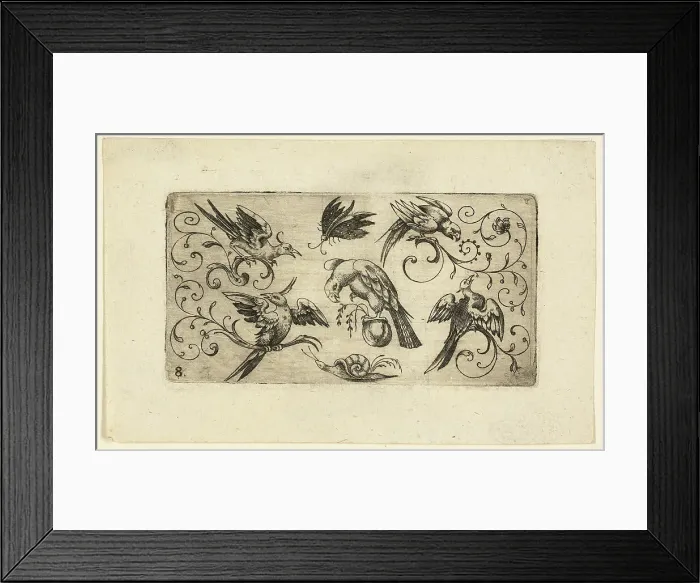 Framed Print : Ornament Panels with Birds: Plate 8, 1617. Creator: Adrian Muntink