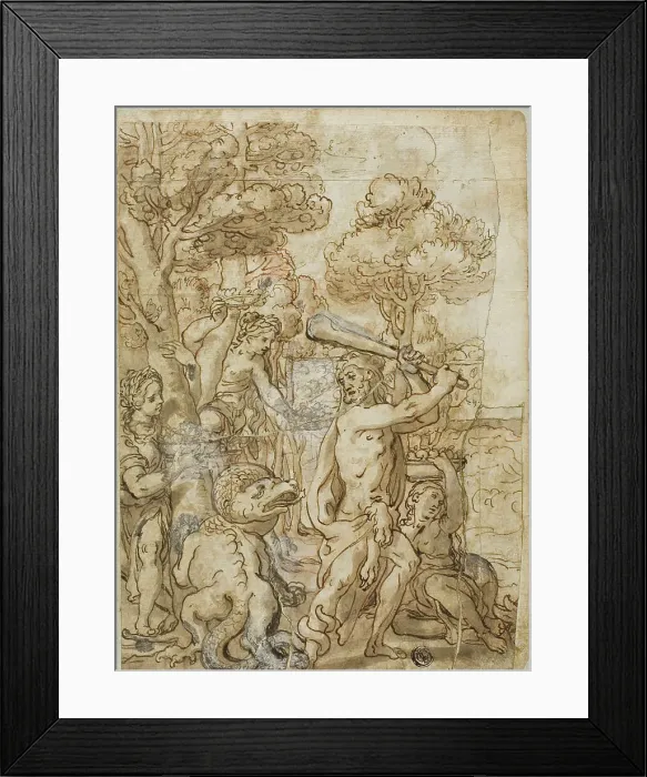 Framed Print : Hercules Slaying the Serpent Ladon in the Garden of the Hesperides, n.d. Creator: Andrea Lilio Framed Print : Hercules Slaying the Serpent Ladon in the Garden of the Hesperides, n.d. Creator: Andrea Lilio