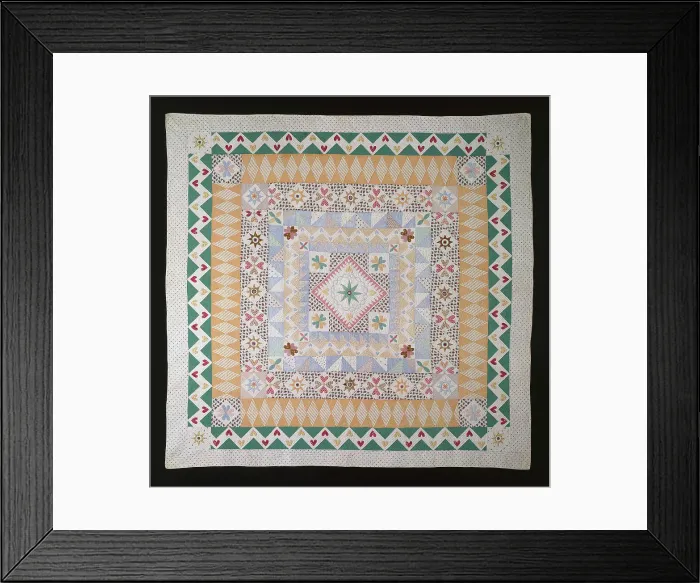 Framed Print : Bedcover Entitled Wedding Sampler, New Hampshire, c. 1840 / 50. Creator: Unknown. Bedcover Entitled Wedding Sampler, New Hampshire, c. 1840 / 50. Creator: Unknown