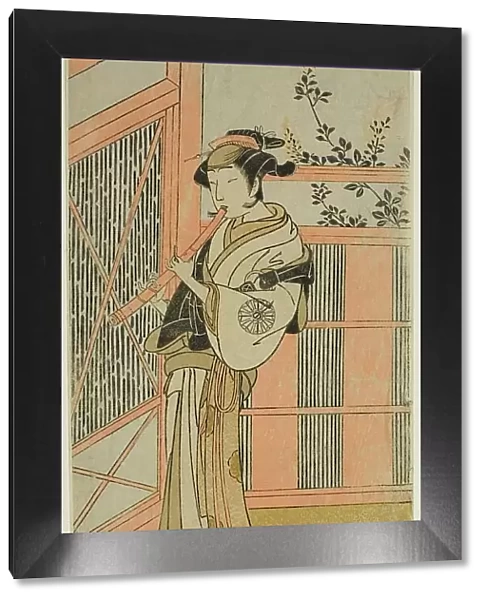 The Actor Nakamura Noshio I as Misao Disguised as a Komuso in the Play Kosode-gura... c. 1772. Creator: Shunsho