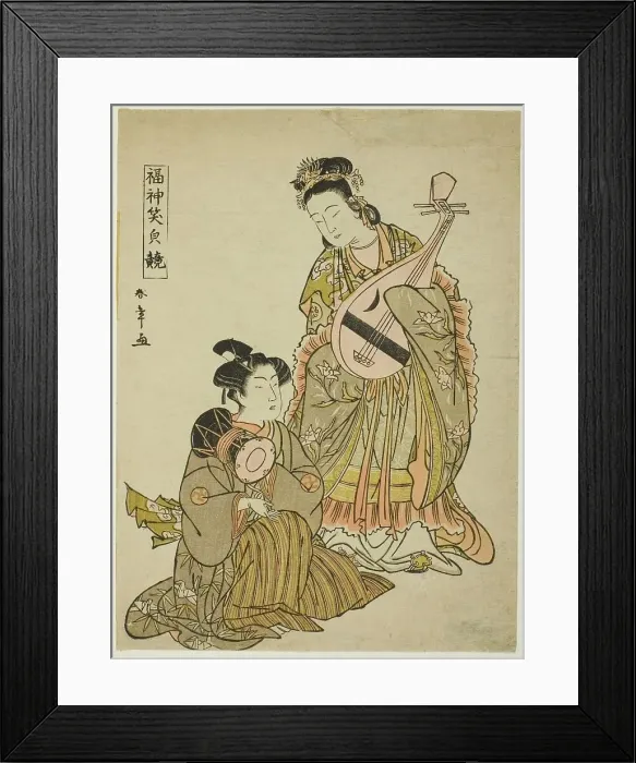 Framed Print : The Goddess Benten Holding a Biwa and a Young Man Holding a Shoulder Drum... late 1780s. Creator: Shunsho Framed Print : The Goddess Benten Holding a Biwa and a Young Man Holding a Shoulder Drum... late 1780s. Creator: Shunsho