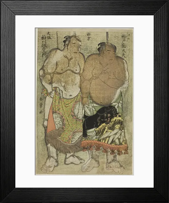 Framed Print : Sumo Wrestlers of the Western Group: (right) Kashiwado Kandayu from Edo, (left) and... c. 1784. Creator: Shunsho Framed Print : Sumo Wrestlers of the Western Group: (right) Kashiwado Kandayu from Edo, (left) and... c. 1784. Creator: Shunsho