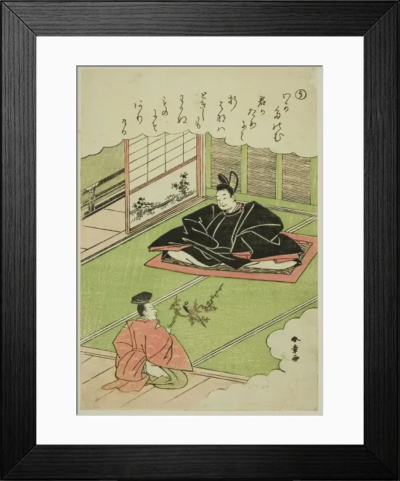 Framed Print : U: Narihira Presents a Chancellor with a Model of a Pheasant, from the series Tales... c. 1772 / 73. Creator: Shunsho. U: Narihira Presents a Chancellor with a Model of a Pheasant, from the series Tales... c. 1772 / 73. Creator: Shunsho