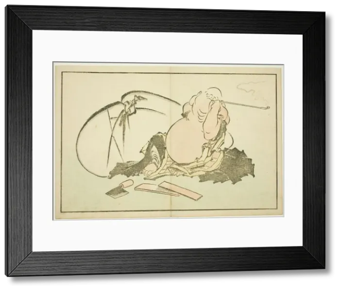 Framed Print : Hotei Smoking his Pipe, from The Picture Book of Realistic Paintings of Hokusai... Japan, c. 1814. Creator: Hokusai Framed Print : Hotei Smoking his Pipe, from The Picture Book of Realistic Paintings of Hokusai... Japan, c. 1814. Creator: Hokusai