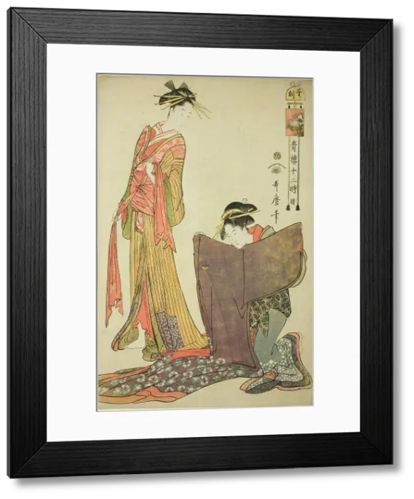Framed Print : Hour of the Rat [12pm] (Ne no koku), from the series The Twelve Hours in Yoshiwara... c. 1794. Creator: Kitagawa Utamaro. Hour of the Rat [12pm] (Ne no koku), from the series The Twelve Hours in Yoshiwara... c. 1794
