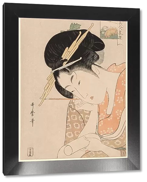 Hanaogi of the Ogiya, from the series 'Renowned Beauties Likened to the Six Immortal... c. 1795 / 96. Creator: Kitagawa Utamaro. Hanaogi of the Ogiya, from the series 'Renowned Beauties Likened to the Six Immortal... c. 1795 / 96