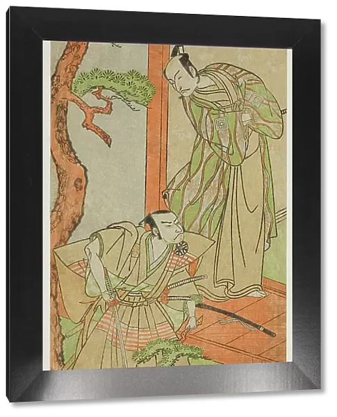 The Actors Ichikawa Danjuro V as Momonoi Wakasanosuke (right), and Nakamura Nakazo I as... c. 1771. Creator: Shunsho