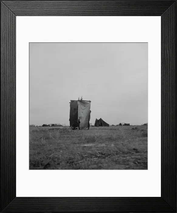 Framed Print : Unsanitary privy in potato pickers camp near Shafter, California, 1937. Creator: Dorothea Lange