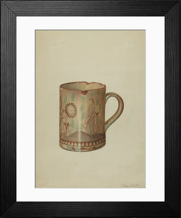 Framed Print : Pa. German Hildebrandt Mug, c. 1939. Creator: Thomas Watts Framed Print : Pa. German Hildebrandt Mug, c. 1939. Creator: Thomas Watts