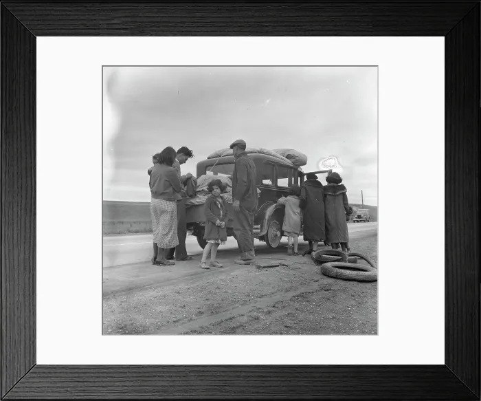 Framed Print : Migrants, family of Mexicans, on road with tire trouble, looking for work...California, 1936. Creator: Dorothea Lange Framed Print : Migrants, family of Mexicans, on road with tire trouble, looking for work...California, 1936. Creator: Dorothea Lange