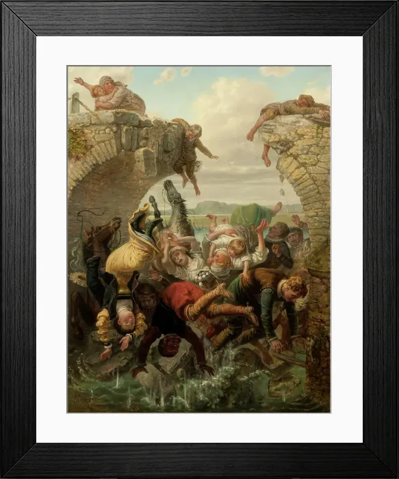 Framed Print : The Bridge at Nya Lödöse Collapsing into the River Säveån in 1543, 1884. Creator: Brusewitz, Gustaf (1812-1899) Framed Print : The Bridge at Nya Lödöse Collapsing into the River Säveån in 1543, 1884. Creator: Brusewitz, Gustaf (1812-1899)