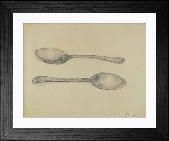 Framed Print : Two Silver Soup Spoons, c. 1936. Creator: Charles Garjian Framed Print : Two Silver Soup Spoons, c. 1936. Creator: Charles Garjian