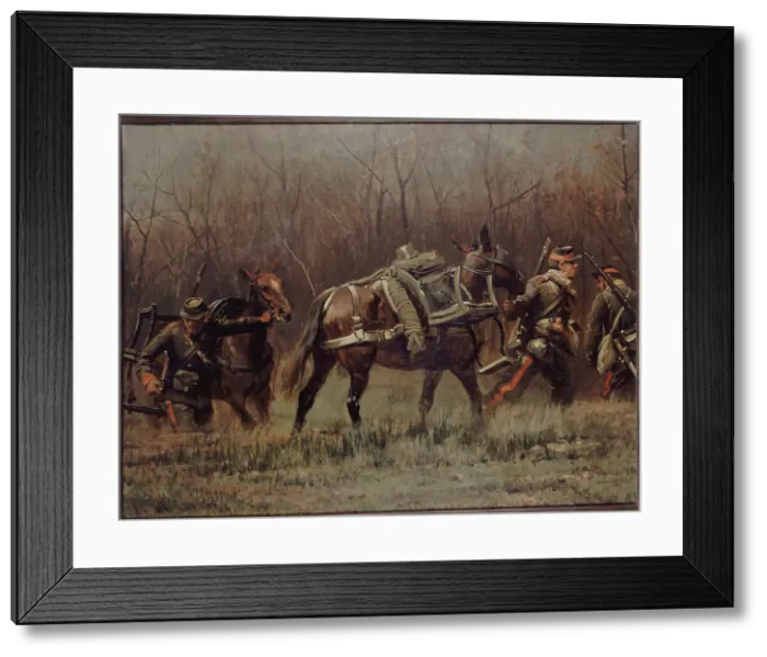 Framed Print : Military scene: mobile units leading ambulance mules (fragment of the panorama of Champigny), 1881. Creator: Jean Baptiste Edouard Detaille Framed Print : Military scene: mobile units leading ambulance mules (fragment of the panorama of Champigny), 1881. Creator: Jean Baptiste Edouard Detaille