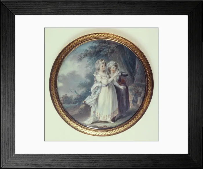 Framed Print : Two women in a park looking at a medallion, c1785. Creator: Ecole Francaise Framed Print : Two women in a park looking at a medallion, c1785. Creator: Ecole Francaise