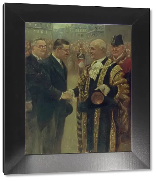Sir George Broadbridge, Lord-Mayor of London, shaking hands with... 1937. Creator: Noel Dorville