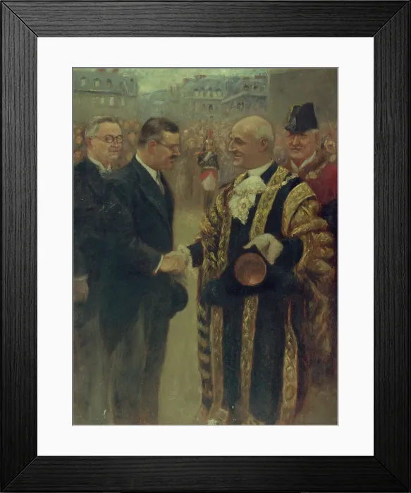 Framed Print : Sir George Broadbridge, Lord-Mayor of London, shaking hands with... 1937. Creator: Noel Dorville Framed Print : Sir George Broadbridge, Lord-Mayor of London, shaking hands with... 1937. Creator: Noel Dorville