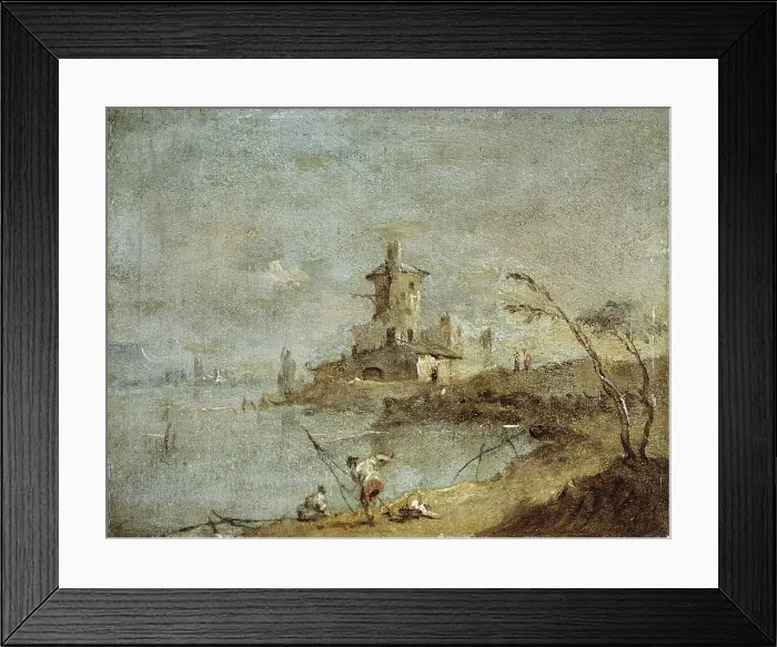 Framed Print : Rustic Caprice, with tower beside water. Creator: Francesco Guardi Framed Print : Rustic Caprice, with tower beside water. Creator: Francesco Guardi