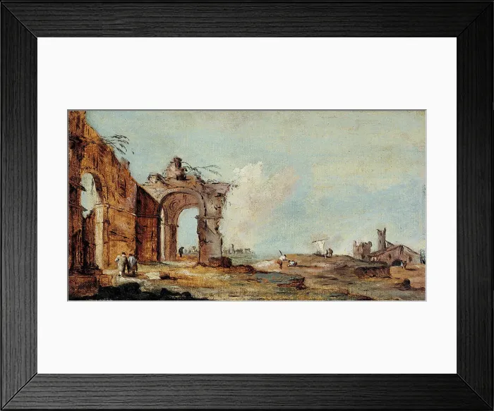 Framed Print : Caprice, with ruined arch and fishermen's houses. Creator: Francesco Guardi Framed Print : Caprice, with ruined arch and fishermen's houses. Creator: Francesco Guardi