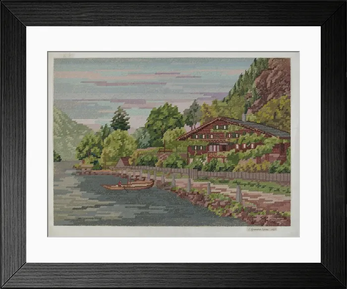 Framed Print : Landscape in Petit Point, 1937. Creator: J. Howard Iams Framed Print : Landscape in Petit Point, 1937. Creator: J. Howard Iams