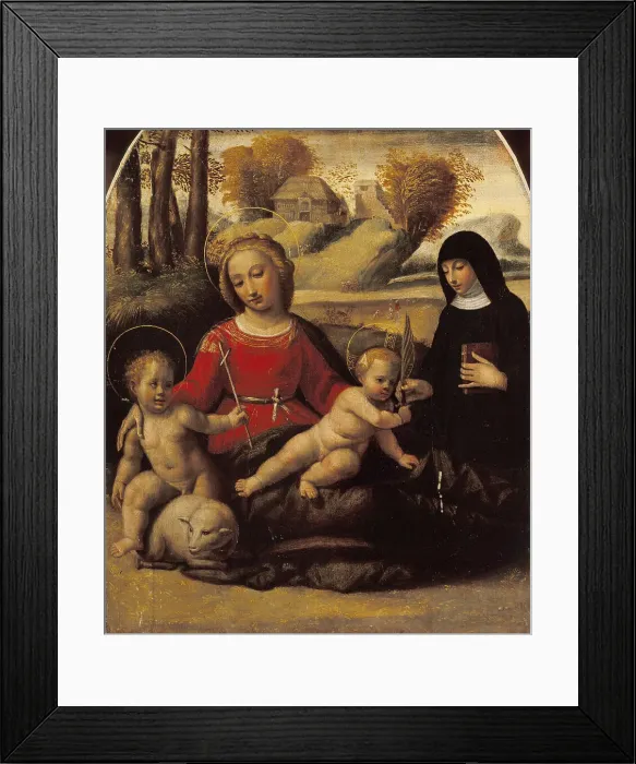 Framed Print : Virgin and child with John the Baptist as a Boy and Saint Scholastica, Early16th cen. Creator: Ortolano (Benvenuti), Giovanni Battista (c. 1480-1525) Framed Print : Virgin and child with John the Baptist as a Boy and Saint Scholastica, Early16th cen. Creator: Ortolano (Benvenuti), Giovanni Battista (c. 1480-1525)