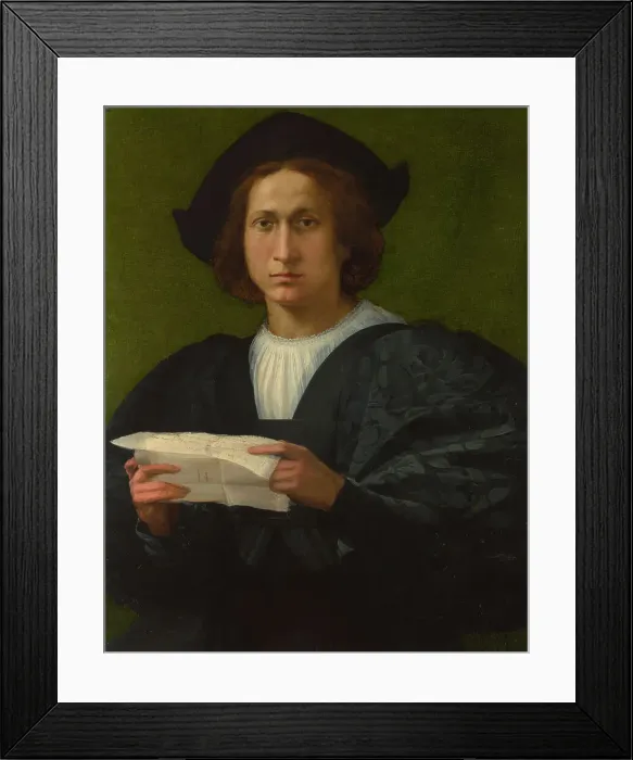 Framed Print : Portrait of a Young Man holding a Letter, 1518. Creator: Rosso Fiorentino (1495-1540) Framed Print : Portrait of a Young Man holding a Letter, 1518. Creator: Rosso Fiorentino (1495-1540)