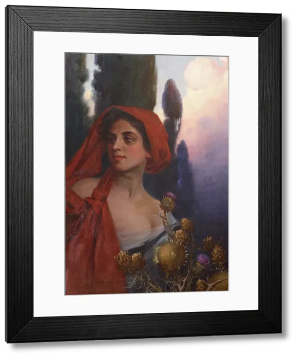 Framed Print : Donna con foulard rosso (Woman with red scarf), 1902. Creator: De Carolis, Adolfo (1874-1928) Framed Print : Donna con foulard rosso (Woman with red scarf), 1902. Creator: De Carolis, Adolfo (1874-1928)