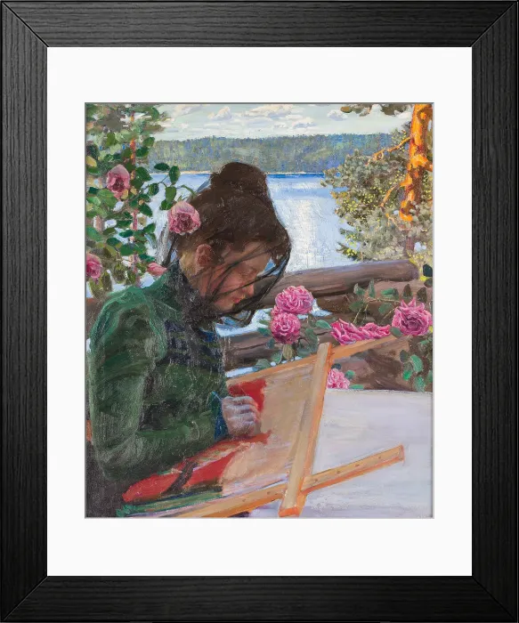 Framed Print : Mary embroidering on the porch of Kallela, ca 1897. Creator: Gallen-Kallela, Akseli (1865-1931) Framed Print : Mary embroidering on the porch of Kallela, ca 1897. Creator: Gallen-Kallela, Akseli (1865-1931)
